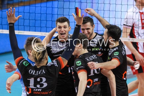  18.02.2018 RZESZOW<br />SIATKOWKA PLUSLIGA 2017/2018 MEN VOLLEYBALL POLAND POLISH PLUS LIGA LEAGUE SEASON 2017/2018<br />MECZ ASSECO RESOVIA RZESZOW - JASTRZEBSKI WEGIEL <br />N/Z MACIEJ MUZAJ DAMIAN BORUCH RADOSC EMOCJE <br /> 