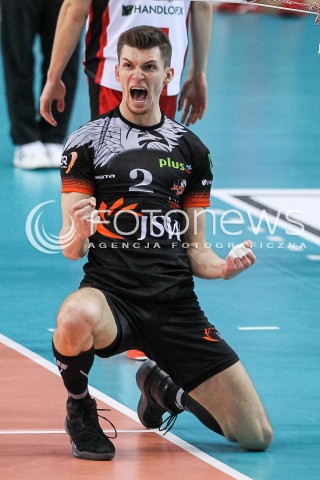  18.02.2018 RZESZOW<br />SIATKOWKA PLUSLIGA 2017/2018 MEN VOLLEYBALL POLAND POLISH PLUS LIGA LEAGUE SEASON 2017/2018<br />MECZ ASSECO RESOVIA RZESZOW - JASTRZEBSKI WEGIEL <br />N/Z MACIEJ MUZAJ RADOSC EMOCJE SYLWETKA <br /> 