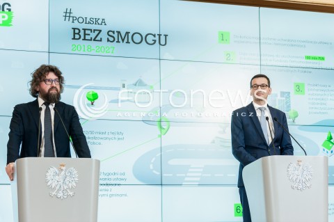  22.02.2018 WARSZAWA<br />KONFERENCJA PRASOWA PREMIERA MATEUSZA MORAWIECKIEGO NA TEMAT WALKI ZE SMOGIEM - PROGRAM RZADOWY SMOG STOP<br />N/Z PREMIER MATEUSZ MORAWIECKI PODSEKRETARZ STANU W MINISTERSTWIE PRZEDSIEBIORCZOSCI PIOTR WOZNY<br /> 