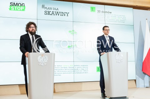  22.02.2018 WARSZAWA<br />KONFERENCJA PRASOWA PREMIERA MATEUSZA MORAWIECKIEGO NA TEMAT WALKI ZE SMOGIEM - PROGRAM RZADOWY SMOG STOP<br />N/Z PREMIER MATEUSZ MORAWIECKI PODSEKRETARZ STANU W MINISTERSTWIE PRZEDSIEBIORCZOSCI PIOTR WOZNY<br /> 