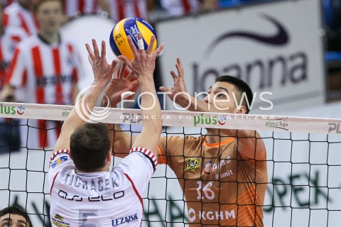  07.03.2018 RZESZOW<br />SIATKOWKA PLUSLIGA 2017/2018 MEN VOLLEYBALL POLAND POLISH PLUS LIGA LEAGUE SEASON 2017/2018 <br />MECZ ASSECO RESOVIA RZESZOW - CUPRUM LUBIN <br />N/Z PIOTR HAIN LUKAS TICHACEK BLOK <br /> 