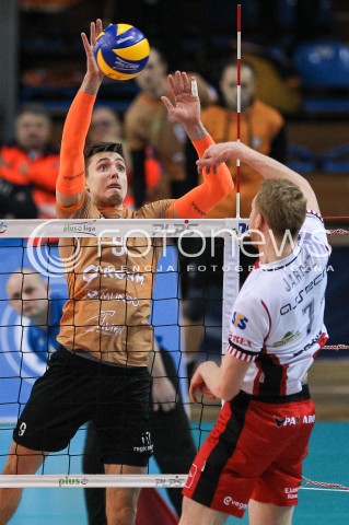  07.03.2018 RZESZOW<br />SIATKOWKA PLUSLIGA 2017/2018 MEN VOLLEYBALL POLAND POLISH PLUS LIGA LEAGUE SEASON 2017/2018 <br />MECZ ASSECO RESOVIA RZESZOW - CUPRUM LUBIN <br />N/Z ROBERT TAHT JAKUB JAROSZ BLOK <br /> 