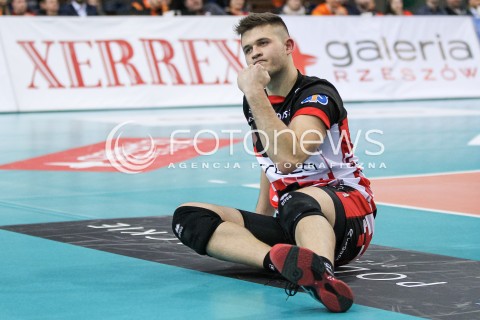  07.03.2018 RZESZOW<br />SIATKOWKA PLUSLIGA 2017/2018 MEN VOLLEYBALL POLAND POLISH PLUS LIGA LEAGUE SEASON 2017/2018 <br />MECZ ASSECO RESOVIA RZESZOW - CUPRUM LUBIN <br />N/Z MATEUSZ MASLOWSKI RADOSC EMOCJE SYLWETKA <br /> 
