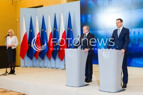  07.03.2018 WARSZAWA<br />KONFERENCJA PRASOWA PREMIERA ORAZ MINISTRA KULTURY I DZIEDZICTWA NARODOWEGO<br />N/Z RZECZNIK RZADU JOANNA KOPCINSKA PREMIER MATEUSZ MORAWIECKI MINISTER KULTURY I DZIEDZICTWA NARODOWEGO PIOTR GLINSKI<br /> 