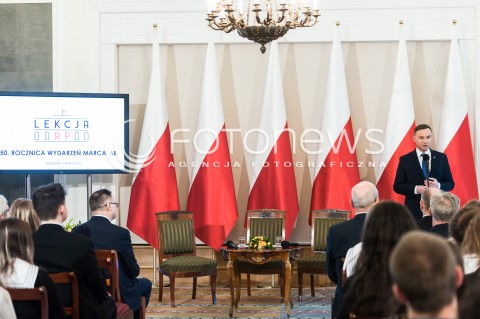  08.03.2018 WARSZAWA BELWEDER<br />LEKCJA RP W 50 ROCZNICE WYDARZEN MARCA 68<br />N/Z PREZYDENT RP ANDRZEJ DUDA <br /> 