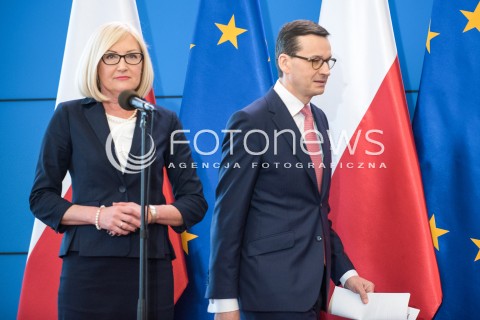  12.03.2018 WARSZAWA <br />KONFERENCJA PREMIERA DOTYCZACA DYMISJI WICEMINISTROW<br />N/Z PREMIER MATEUSZ MORAWIECKI RZECZNIK RZADU JOANNA KOPCINSKA<br /> 