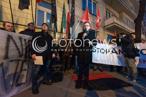  19.03.2018 WARSZAWA<br />MANIFESTACJA NARODOWCOW POD AMBASADA UKRAINY<br />N/Z UCZESTNICY ROBERT WINNICKI<br /> 