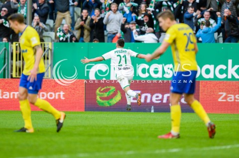  07.04.2018 GDANSK<br />PILKA NOZNA - EKSTRAKLASA SEZON 2017/2018<br />MECZ LECHIA GDANSK - ARKA GDYNIA<br />N/Z SLAWOMIR PESZKO BRAMKA GOL NA 2:0<br /> 