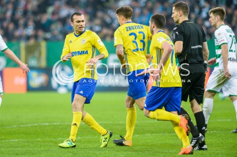  07.04.2018 GDANSK<br />PILKA NOZNA - EKSTRAKLASA SEZON 2017/2018<br />MECZ LECHIA GDANSK - ARKA GDYNIA<br />N/Z MARCUS DA SILVA DAMIAN ZBOZIEN LUKA ZARANDIA GOL BRAMKA RADOSC<br /> 