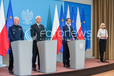  17.04.2018 WARSZAWA<br />KONFERENCJA PREMIERA MATEUSZA MORAWIECKIEGO I MINISTRA JOACHIMA BRUDZINSKIEGO<br />N/Z PREMIER MATEUSZ MORAWIECKI JOACHIM BRUDZINSKI JAROSLAW SZYMCZYK JOANNA KOPCINSKA<br /> 