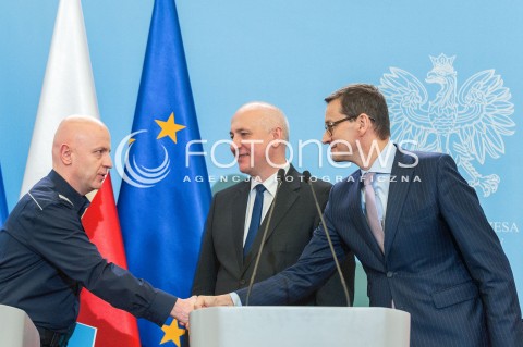  17.04.2018 WARSZAWA<br />KONFERENCJA PREMIERA MATEUSZA MORAWIECKIEGO I MINISTRA JOACHIMA BRUDZINSKIEGO<br />N/Z JAROSLAW SZYMCZYK PREMIER MATEUSZ MORAWIECKI JOACHIM BRUDZINSKI<br /> 