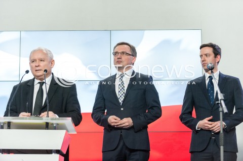  26.04.2018 WARSZAWA<br />PREZENTACJA KANDYDATOW PIS NA PREZYDENTOW MIAST<br />N/Z JAROSLAW KACZYNSKI ZBIGNIEW ZIOBRO MARCIN OCIEPA<br /> 