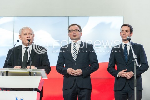  26.04.2018 WARSZAWA<br />PREZENTACJA KANDYDATOW PIS NA PREZYDENTOW MIAST<br />N/Z JAROSLAW KACZYNSKI ZBIGNIEW ZIOBRO MARCIN OCIEPA<br /> 