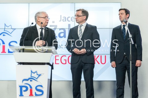  26.04.2018 WARSZAWA<br />PREZENTACJA KANDYDATOW PIS NA PREZYDENTOW MIAST<br />N/Z JAROSLAW KACZYNSKI ZBIGNIEW ZIOBRO MARCIN OCIEPA<br /> 