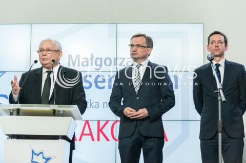 26.04.2018 WARSZAWA<br />PREZENTACJA KANDYDATOW PIS NA PREZYDENTOW MIAST<br />N/Z JAROSLAW KACZYNSKI ZBIGNIEW ZIOBRO MARCIN OCIEPA<br /> 