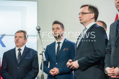  26.04.2018 WARSZAWA<br />PREZENTACJA KANDYDATOW PIS NA PREZYDENTOW MIAST<br />N/Z PATRYK JAKI ZBIGNIEW ZIOBRO WOJCIECH BUCZAK<br /> 