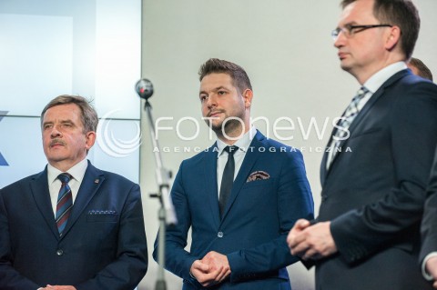  26.04.2018 WARSZAWA<br />PREZENTACJA KANDYDATOW PIS NA PREZYDENTOW MIAST<br />N/Z PATRYK JAKI ZBIGNIEW ZIOBRO WOJCIECH BUCZAK<br /> 