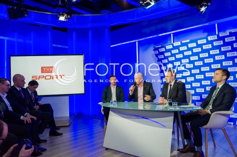  26.04.2018 WARSZAWA<br />BRIEFING PREZESA TVP JACKA KURSKIEGO DOTYCZACY ZAKUPU PRAW SPORTOWYCH<br />N/Z ADAM MALYSZ APOLONIUSZ TAJNER PREZES TVP JACEK KURSKI MAREK SZKOLNIKOWSKI<br /> 