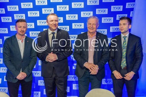  26.04.2018 WARSZAWA<br />BRIEFING PREZESA TVP JACKA KURSKIEGO DOTYCZACY ZAKUPU PRAW SPORTOWYCH<br />N/Z ADAM MALYSZ PREZES TVP JACEK KURSKI APOLONIUSZ TAJNER MAREK SZKOLNIKOWSKI<br /> 