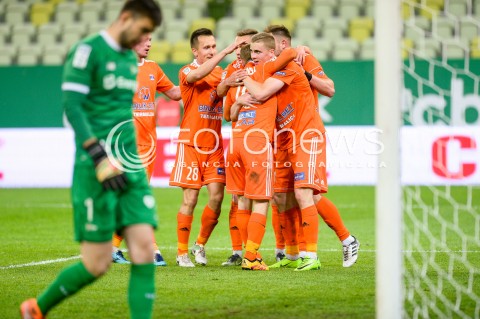  04.05.2018 GDANSK<br />PILKA NOZNA - EKSTRAKLASA SEZON 2017/2018<br />MECZ LECHIA GDANSK - BRUK BET TERMALICA NIECIECZA<br />N/Z VLADISLAVS GUTKOVSKIS RADOSC BRAMKA GOL NA 0:1 LUKASZ PIATEK<br /> 