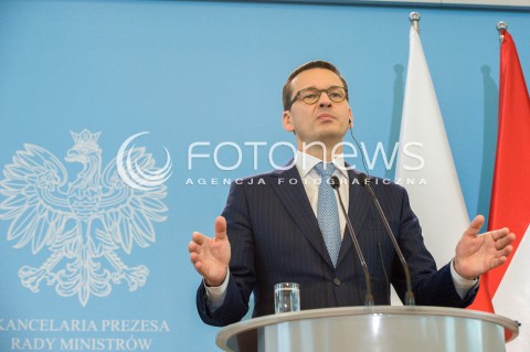  14.05.2018 WARSZAWA <br />WIZYTA PREMIERA WEGIER VIKTORA ORBANA W POLSCE <br />KONFERENCJA PREZESA RADY MINISTROW MATEUSZA MORAWIECKIEGO I PREMIERA WEGIER VIKTORA ORBANA<br />N/Z PREMIER MATEUSZ MORAWIECKI<br /> 