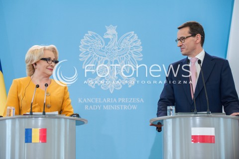  25.05.2018 WARSZAWA<br />KONFERENCJA WSPOLNA PREMIEROW POLSKI I RUMUNII<br />N/Z PREMIER MATEUSZ MORAWIECKI VIORICA DANCILA<br /> 