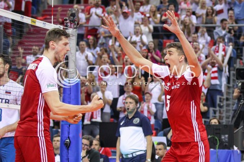  26.05.2018 KRAKOW <br />SIATKOWKA MEZCZYZN SIATKARSKA LIGA NARODOW MEZCZYZN 2018 <br />FIVB VOLLEYBALL NATIONS LEAGUE 2018 <br />MECZ POLSKA - ROSJA ( Poland - Russia ) <br />N/Z PIOTR NOWAKOWSKI LUKASZ KACZMAREK RADOSC EMOCJE <br /> 