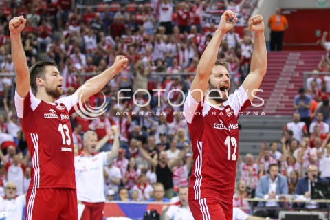  26.05.2018 KRAKOW <br />SIATKOWKA MEZCZYZN SIATKARSKA LIGA NARODOW MEZCZYZN 2018 <br />FIVB VOLLEYBALL NATIONS LEAGUE 2018 <br />MECZ POLSKA - ROSJA ( Poland - Russia ) <br />N/Z MICHAL KUBIAK GRZEGORZ LOMACZ RADOSC EMOCJE SYLWETKA <br /> 