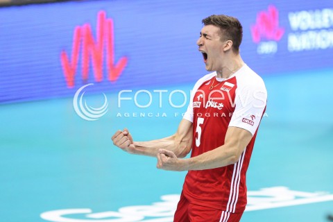  26.05.2018 KRAKOW <br />SIATKOWKA MEZCZYZN SIATKARSKA LIGA NARODOW MEZCZYZN 2018 <br />FIVB VOLLEYBALL NATIONS LEAGUE 2018 <br />MECZ POLSKA - ROSJA ( Poland - Russia ) <br />N/Z LUKASZ KACZMAREK RADOSC EMOCJE SYLWETKA <br /> 