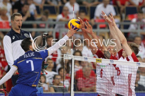  01.06.2018 LODZ <br />SIATKOWKA MEZCZYZN SIATKARSKA LIGA NARODOW MEZCZYZN 2018 <br />FIVB VOLLEYBALL NATIONS LEAGUE 2018 <br />MECZ POLSKA - FRANCJA ( Poland - France ) <br />N/Z KEVIN TILLIE BARTOSZ KUREK JAKUB KOCHANOWSKI BLOK <br /> 
