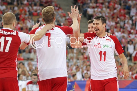  01.06.2018 LODZ <br />SIATKOWKA MEZCZYZN SIATKARSKA LIGA NARODOW MEZCZYZN 2018 <br />FIVB VOLLEYBALL NATIONS LEAGUE 2018 <br />MECZ POLSKA - FRANCJA ( Poland - France ) <br />N/Z FABIAN DRZYZGA ARTUR SZALPUK MICHAL KUBIAK RADOSC EMOCJE <br /> 