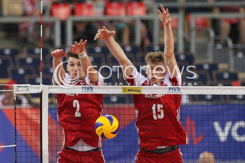  02.06.2018 LODZ <br />SIATKOWKA MEZCZYZN SIATKARSKA LIGA NARODOW MEZCZYZN 2018 <br />FIVB VOLLEYBALL NATIONS LEAGUE 2018 <br />MECZ POLSKA - CHINY ( Poland - China ) <br />N/Z MACIEJ MUZAJ JAKUB KOCHANOWSKI BLOK <br /> 