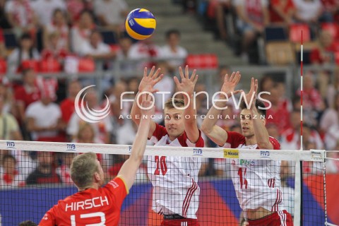  03.06.2018 LODZ <br />SIATKOWKA MEZCZYZN SIATKARSKA LIGA NARODOW MEZCZYZN 2018 <br />FIVB VOLLEYBALL NATIONS LEAGUE 2018 <br />MECZ POLSKA - NIEMCY ( Poland - Germany ) <br />N/Z MATEUSZ BIENIEK ALEKSANDER SLIWKA BLOK <br /> 
