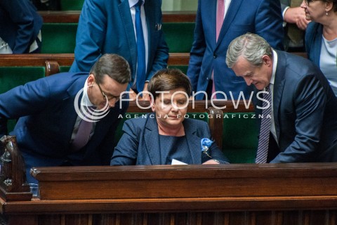  06.06.2018 WARSZAWA<br />POSIEDZENIE SEJMU<br />DEBATA I GLOSOWANIE NAD WNIOSKIEM O WOTUM NIEUFNOSCI DLA MINISTER RODZINY ELZBIETY RAFALSKIEJ I WICEPREMIER BEATY SZYDLO<br />N/Z PREMIER MATEUSZ MORAWIECKI BEATA SZYDLO PIOTR GLINSKI<br /> 