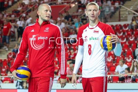  18.08.2018 OSTROWIEC SWIETOKRZYSKI <br />
SIATKOWKA MEZCZYZN <br />
MECZ TOWARZYSKI <br />
POLSKA - KAMERUN ( Poland - Cameroon ) <br />
N/Z BARTOSZ KUREK DAMIAN SCHULZ SYLWETKA <br />
 