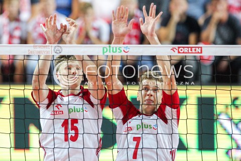  18.08.2018 OSTROWIEC SWIETOKRZYSKI <br />
SIATKOWKA MEZCZYZN <br />
MECZ TOWARZYSKI <br />
POLSKA - KAMERUN ( Poland - Cameroon ) <br />
N/Z JAKUB KOCHANOWSKI ARTUR SZALPUK ZDJECIE ILUSTRACYJNE BLOK <br />
 