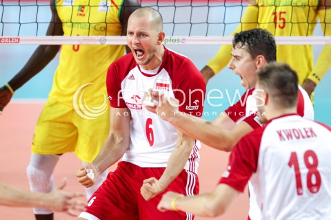  18.08.2018 OSTROWIEC SWIETOKRZYSKI <br />
SIATKOWKA MEZCZYZN <br />
MECZ TOWARZYSKI <br />
POLSKA - KAMERUN ( Poland - Cameroon ) <br />
N/Z BARTOSZ KUREK FABIAN DRZYZGA RADOSC EMOCJE <br />
 