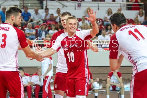  18.08.2018 OSTROWIEC SWIETOKRZYSKI <br />
SIATKOWKA MEZCZYZN <br />
MECZ TOWARZYSKI <br />
POLSKA - KAMERUN ( Poland - Cameroon ) <br />
N/Z DAMIAN WOJTASZEK RADOSC EMOCJE <br />
 