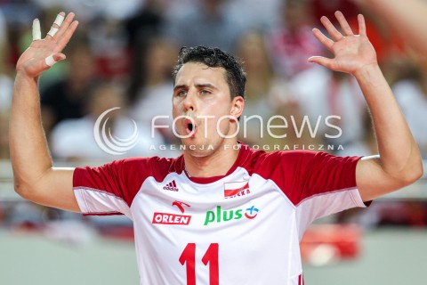  18.08.2018 OSTROWIEC SWIETOKRZYSKI <br />
SIATKOWKA MEZCZYZN <br />
MECZ TOWARZYSKI <br />
POLSKA - KAMERUN ( Poland - Cameroon ) <br />
N/Z FABIAN DRZYZGA RADOSC EMOCJE SYLWETKA <br />
 