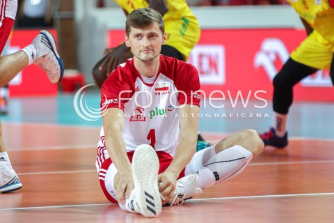  18.08.2018 OSTROWIEC SWIETOKRZYSKI <br />
SIATKOWKA MEZCZYZN <br />
MECZ TOWARZYSKI <br />
POLSKA - KAMERUN ( Poland - Cameroon ) <br />
N/Z PIOTR NOWAKOWSKI SYLWETKA <br />
 