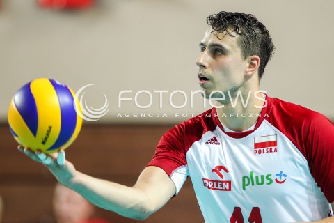  18.08.2018 OSTROWIEC SWIETOKRZYSKI <br />
SIATKOWKA MEZCZYZN <br />
MECZ TOWARZYSKI <br />
POLSKA - KAMERUN ( Poland - Cameroon ) <br />
N/Z FABIAN DRZYZGA SYLWETKA <br />
 