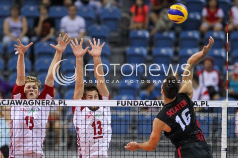  24.08.2018 KRAKOW (TAURON ARENA) <br />
XVI MEMORIAL HUBERTA JERZEGO WAGNERA <br />
MECZ POLSKA - KANADA ( MATCH POLAND - CANADA ) <br />
N/Z JAKUB KOCHANOWSKI MICHAL KUBIAK BLOK <br />
 