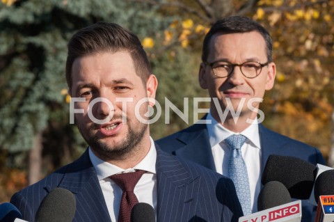  17.10.2018 WARSZAWA<br />BRIEFING PRASOWY PATRYKA JAKIEGO ORAZ PREMIERA MATEUSZA MORAWIECKIEGO W WARSZAWIE<br />N/Z PATRYK JAKI PREMIER MATEUSZ MORAWIECKI<br /> 