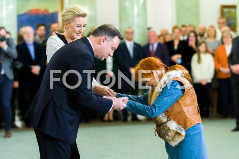  12.12.2018 WARSZAWA<br />WRECZENIE PRZEZ PREZYDENTA ZASLUZONYM DLA NIEPODLEGLEJ MEDALI STULECIA ODZYSKANEJ NIEPODLEGLOSCI<br />N/Z PREZYDENT RP ANDRZEJ DUDA BARBARA KRAFT - SEIDNER<br /> 