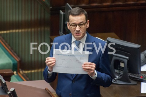  28.12.2018 WARSZAWA SEJM<br />POSIEDZENIE SEJMU<br />DEBATA I GLOSOWANIE NAD USTAWA ZAPOBIEGAJACA WZROSTOWI CEN PRADU W 2019 ROKU<br />N/Z PREMIER MATEUSZ MORAWIECKI<br /> 
