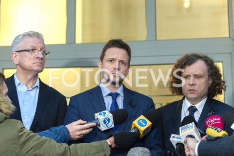  16.01.2019 WARSZAWA<br />KONFERENCJA WSPOLNA PREZYDENTOW WARSZAWY POZNANIA I SOPOTU WS. ORGANIZACJI UROCZYSTOSCI UPAMIETNIAJACYCH PAWLA ADAMOWICZA W POLSKICH MIASTACH<br />N/Z RAFAL TRZASKOWSKI JACEK JASKOWIAK JACEK KARNOWSKI<br /> 