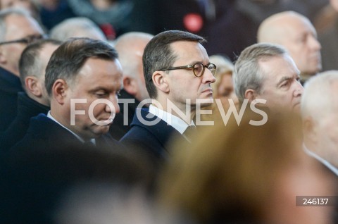  19.01.2019 GDANSK<br />CEREMONIA POGRZEBOWA ZAMORDOWANEGO PREZYDENTA GDANSKA PAWLA ADAMOWICZA W BAZYLICE MARIACKIEJ W GDANSKU<br />N/Z PREZYDENT RP ANDRZEJ DUDA PREMIER MATEUSZ MORAWIECKI PIOTR GLINSKI<br /> 