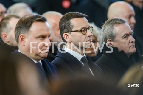  19.01.2019 GDANSK<br />CEREMONIA POGRZEBOWA ZAMORDOWANEGO PREZYDENTA GDANSKA PAWLA ADAMOWICZA W BAZYLICE MARIACKIEJ W GDANSKU<br />N/Z PREZYDENT RP ANDRZEJ DUDA PREMIER MATEUSZ MORAWIECKI PIOTR GLINSKI<br /> 
