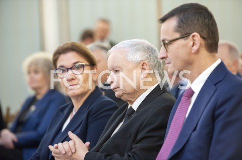  26.01.2019 WARSZAWA<br />KONFERENCJA KLUBU PARLAMENTARNEGO PIS ZASADY PROWADZENIA POLITYKI ROZWOJU W POLSCE<br />N/Z PREZES JAROSLAW KACZYNSKI PREMIER MATEUSZ MORAWIECKI BEATA MAZUREK<br /> 