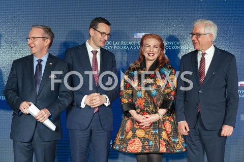  30.01.2019 WARSZAWA<br />OBCHODY 100 LAT RELACJI DYPLOMATYCZNYCH MIEDZY STANAMI ZJEDNOCZONYMI AMERYKI POLNOCNEJ A POLSKA<br />N/Z KRZYSZTOF SZCZERSKI PREMIER MATEUSZ MORAWIECKI GEORGETTE MOSBACHER JACEK CZAPUTOWICZ<br /> 